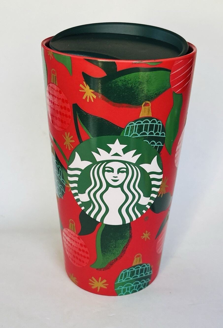 Starbucks Tall Coffee Tea Cup Mug Red with Christmas Ornaments 12 ounces Tumbler